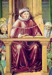 Detail of St. Augustine Reading Rhetoric and Philosophy at the School of Rome, from the Life of St. Augustine, 1464-65
